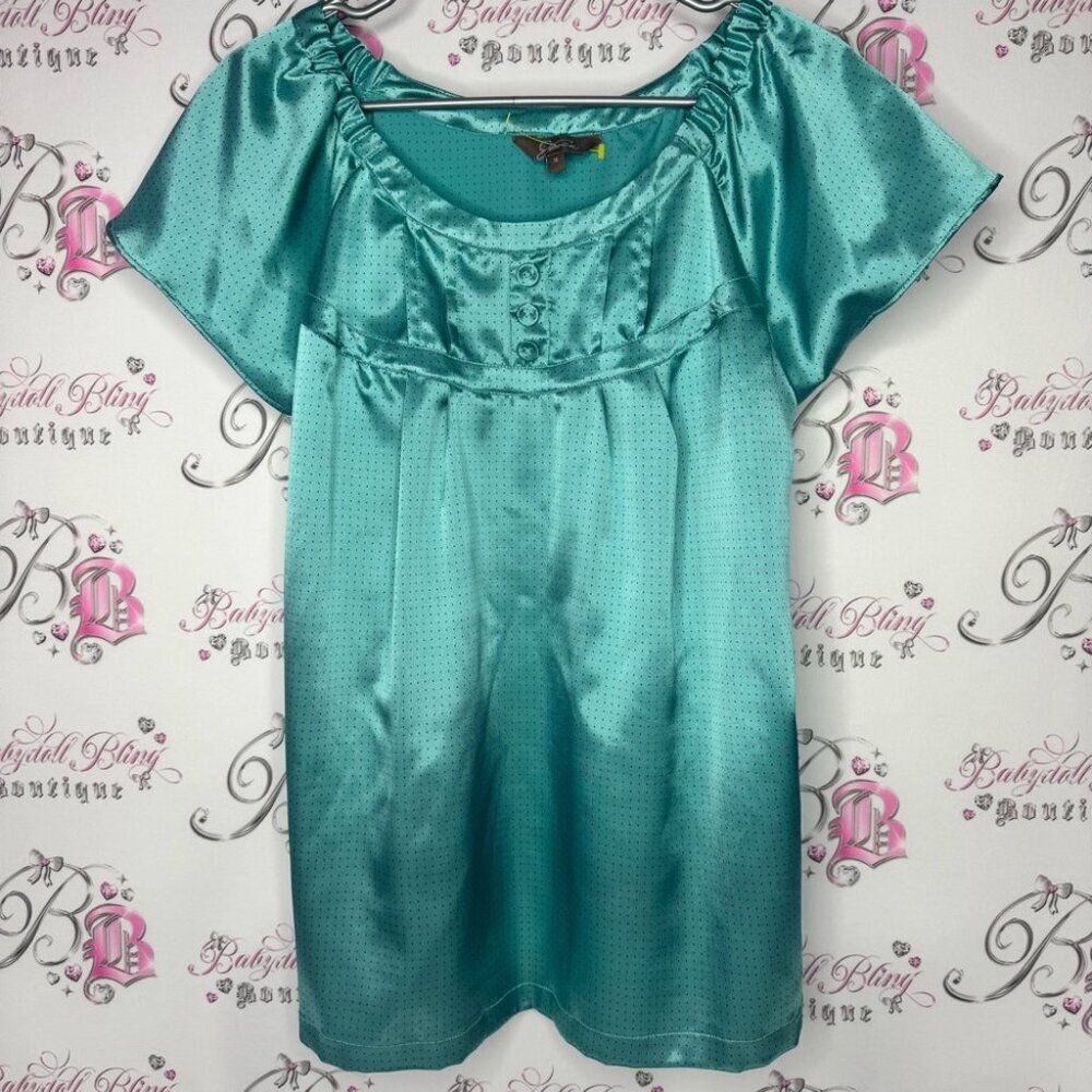 Jessica Polka dot ruffle shoulder cinch Elegant Teal Satin coquette Top buttons